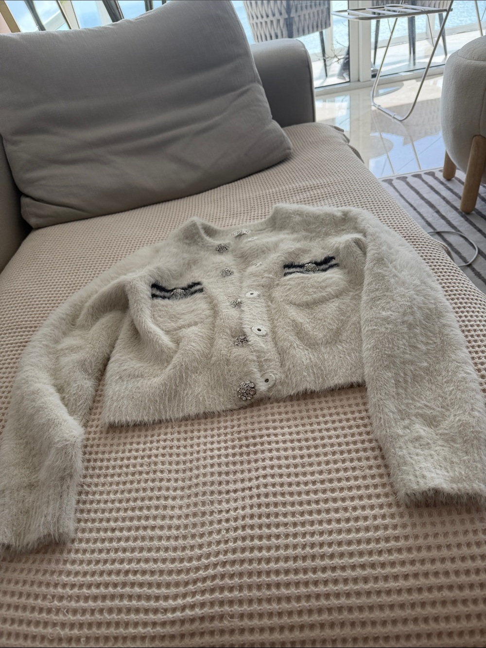 J. Crew Cream Fuzzy Cropped Cardigan with Crystal Buttons